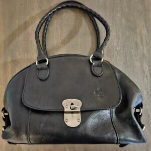 Patricia Nash Satchel Purse Black Leather Dual Handle Front Flap Twist Closure
